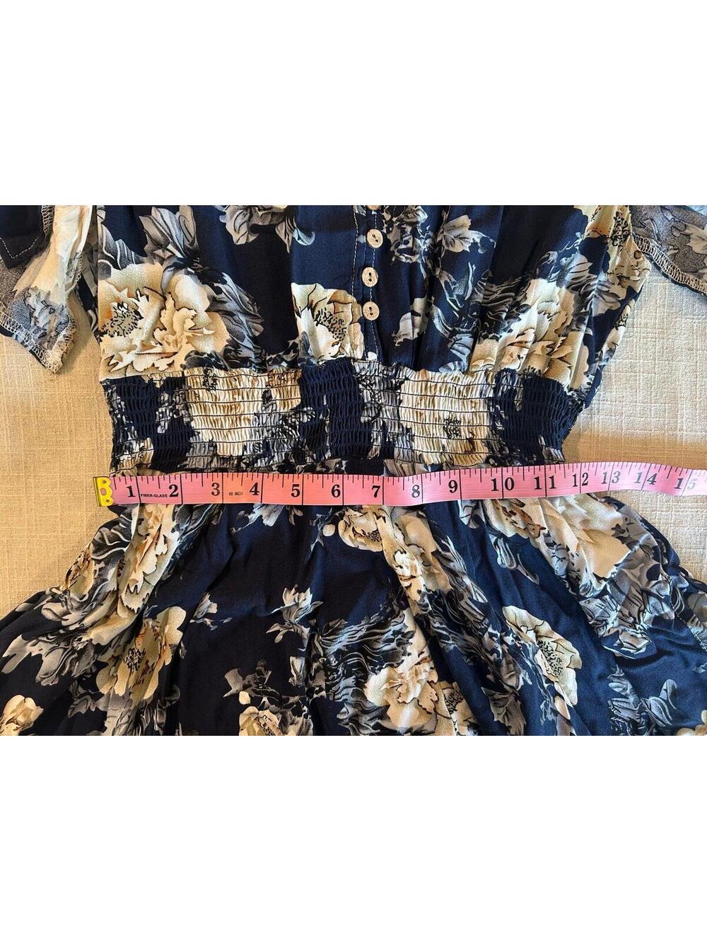 NERLEROLIAN Navy Floral Midi Dress XL Boho Smocked Waist Flutter Sleeve - Picture 7 of 9